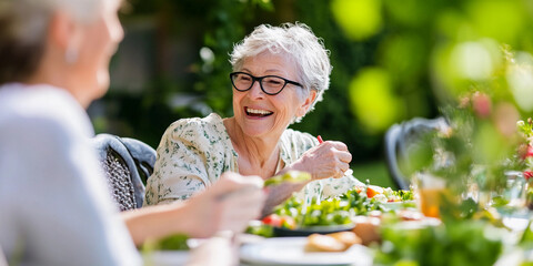 Elderly women enjoying healthy lunch together outdoors. Generative AI