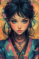 Mystical Asian Woman in Traditional Attire Digital Painting