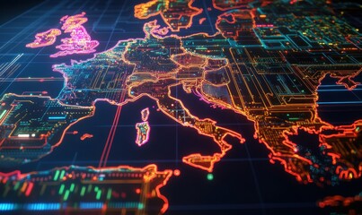 A vibrant, neon-lit digital map of Europe showcasing data flow and connectivity trends