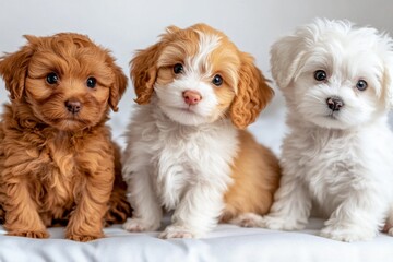 A group of cute puppies and kittens sitting together on a white background, with soft lighting and high resolution, capturing the joyous spirit of these furry friends in various poses