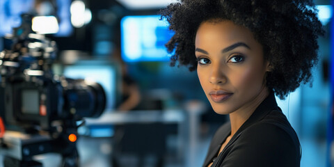 Broadcast presenter engaged in an on-air discussion. Generative AI