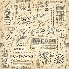 An artistic background with intricate hand-drawn tribal patterns in earthy tones. The mix of geometric lines, dots, and abstract symbols creates a raw and bohemian aesthetic