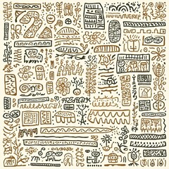 An artistic background with intricate hand-drawn tribal patterns in earthy tones. The mix of geometric lines, dots, and abstract symbols creates a raw and bohemian aesthetic