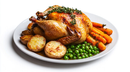 Roasted chicken dinner with potatoes carrots and peas delicious holiday meal food herb tasty plate