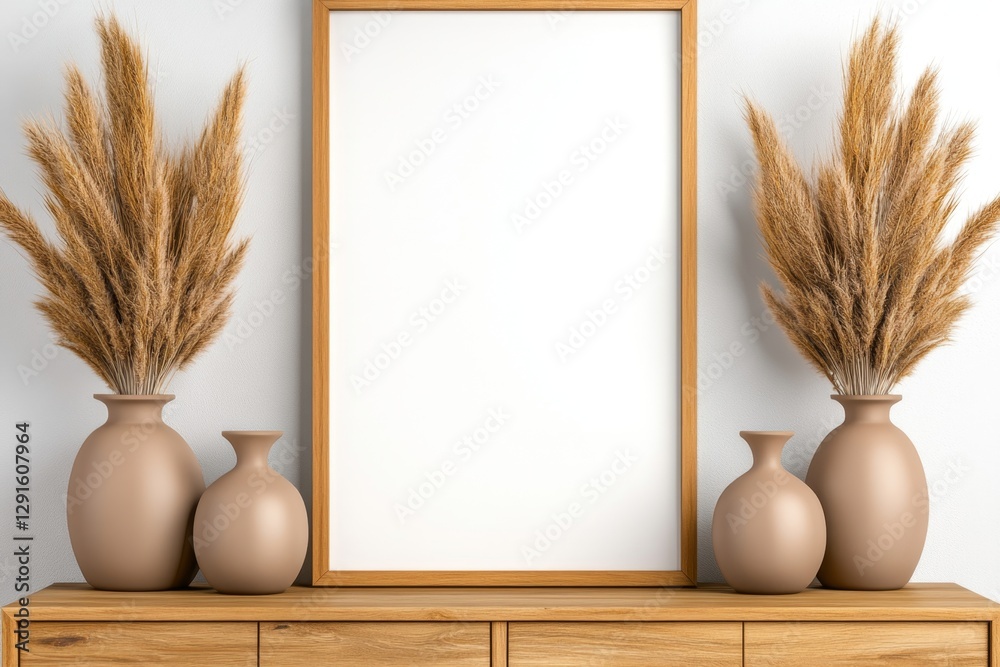 Poster a large, blank wooden frame is hanging on the wall above an elegant oak sideboard with several vases