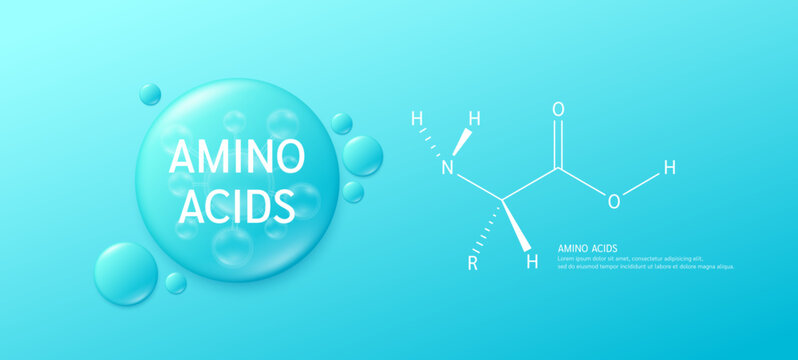 Essential amino acids complex on blue background with structure of a typical in the neutral form. Minerals vitamins nutrients supplement for the body and muscles. Banner vector.