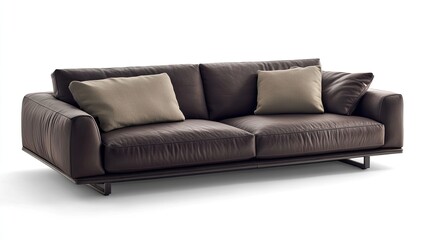 Modern brown leather sofa with plush cushions and sleek design
