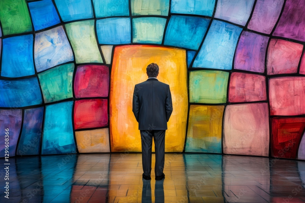 Poster A man in a suit stands against the backdrop of an abstract cityscape made up entirely of colorful glass blocks, with reflections on his face and the floor. The colors are bright and vibrant,