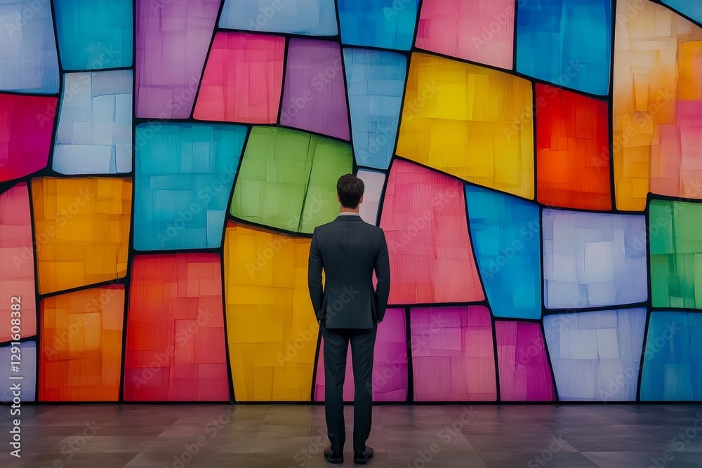 Poster a man in a suit stands against the backdrop of an abstract cityscape made up entirely of colorful gl
