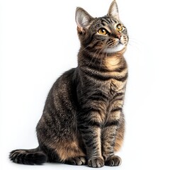 Obraz premium Tabby cat sitting on a white background looking up with big yellow eyes, representing curiosity and pet ownership. Great for animal shelters and pet care.