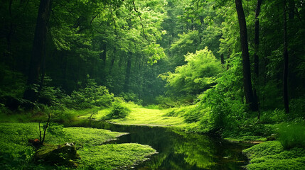 Obraz premium Tranquil Forest Stream Amidst Lush Greenery