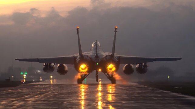 Military fighter jet igniting its afterburners on wet runway at sunset