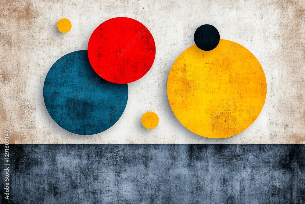 Poster a minimalist composition of geometric shapes in red, yellow, and navy blue on an aged paper backgrou
