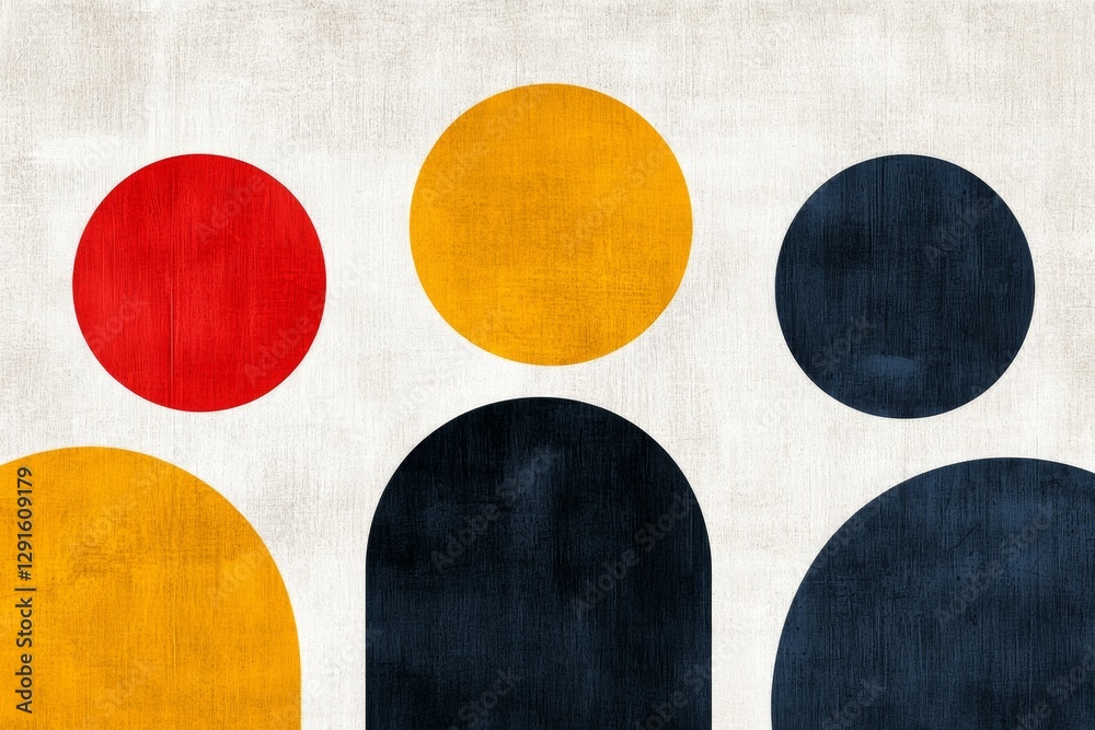 Poster a minimalist composition of geometric shapes in red, yellow, and navy blue on an aged paper backgrou