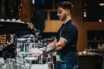 Barista wearing a denim apron operates a professional espresso machine in a contemporary coffee shop setting. Expressing concentration and professionalism, creating an inviting environment for coffee.