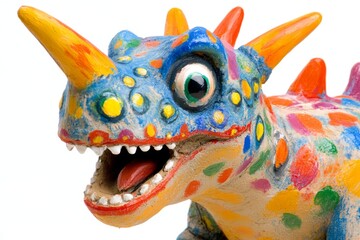 Obraz premium A colorful dinosaur with its mouth open, paint splattered on its face and body, against a white background