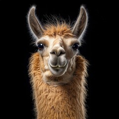 Fototapeta premium Close-up of a fluffy llama against a black backdrop, capturing its endearing features. Symbolizing gentleness and resilience, perfect for animal and nature themes.