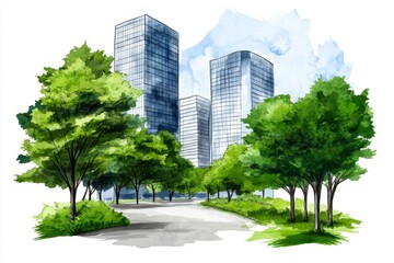 A contemporary urban park with trees and greenery, architectural sketch style, architectural rendering of a glass building in the background, architectural lines and plants on white paper, green