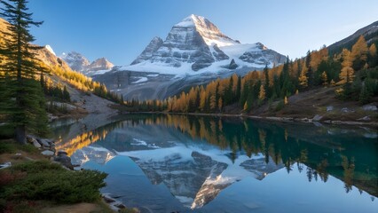 Fototapeta premium Majestic Snow-Capped Mountain Reflecting in Pristine Alpine Lake – Autumn Wilderness Scene