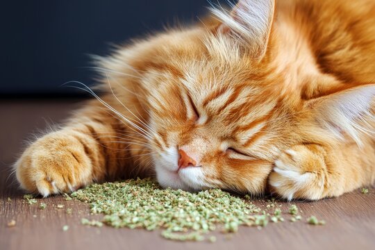 Relaxed Ginger Cat Napping on Catnip with Eyes Closed