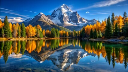 Obraz premium Majestic Snow-Capped Mountain Reflecting in Pristine Alpine Lake – Autumn Wilderness Scene