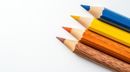 Fototapeta premium Closeup Of Brown Orange Yellow Blue And Reddish Brown Colored Pencils On White Background