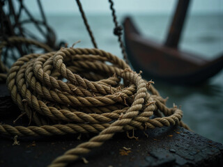 Fototapeta premium Old, Frayed Rope on a Weathered Wooden Dock, Dramatic Cinematic Lighting, High-Contrast Texture, Salt Residue and Moss, Misty Ocean and Rusted Anchor in the Background, Maritime Aesthetic