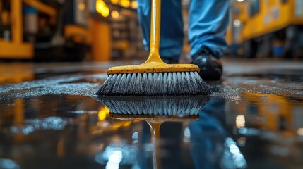 Cleaning a Spilled Liquid on a Factory Floor with a Push Broom