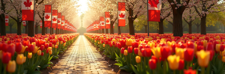 Pathway through tulip garden at the Canadian Tulip Festival with rows of red and yellow flowers on either side, Canadian flag banners hanging along the path, bright spring lighting
