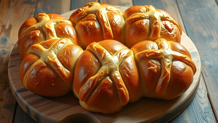 Golden hot cross buns gleam on a wooden board, their warm color inviting a taste of tradition