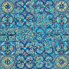 A beautifully detailed background featuring traditional Islamic mosaic tile patterns in vibrant blue, turquoise, and gold. The symmetrical arrangement creates a striking and ornate decorative effect.
