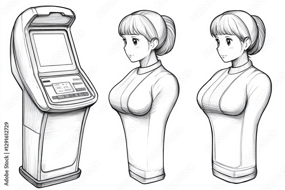 Aufkleber A simple line drawing of an unshaded face recognition kiosk with four different angles and three display options: one displaying the person's photo on the screen, another showing their name