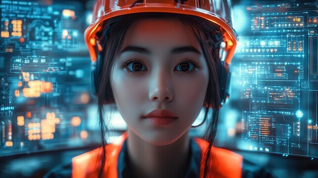 Young Female Engineer Focused on Futuristic Interface