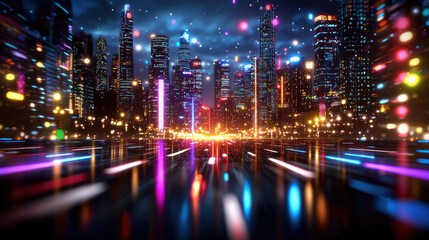 Obraz premium vibrant urban landscape featuring futuristic city skyline illuminated by colorful lights and reflections on wet surface, creating dynamic and energetic atmosphere