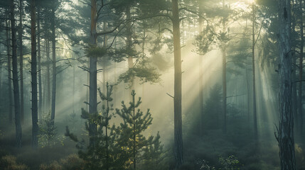 Fototapeta premium Misty morning in a pine forest, sun rays filtering through the trees, soft golden light, tranquil atmosphere. Ultra-realistic, high resolution, sharp focus, cinematic composition