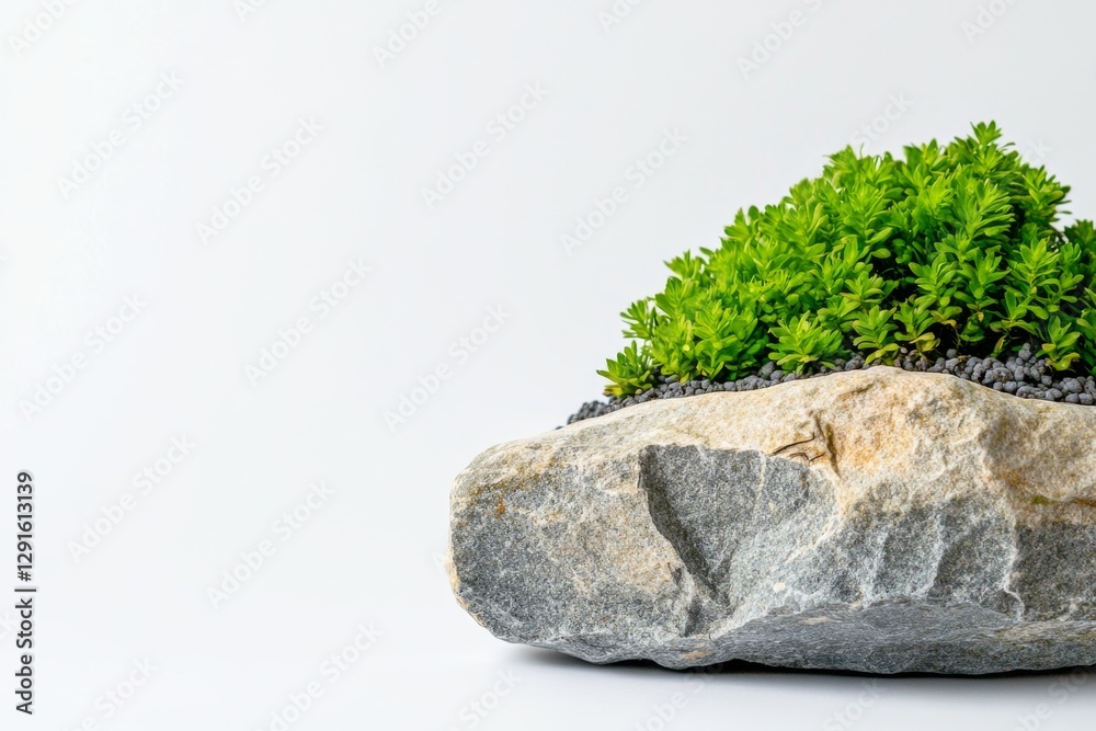 Poster A simple, white background with an isolated piece of green moss on the right side. The grassy texture has multiple shades and is dense at its base but sparse above it. It's arranged in a natural
