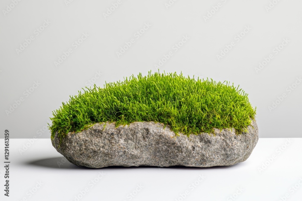Poster A simple, white background with an isolated piece of green moss on the right side. The grassy texture has multiple shades and is dense at its base but sparse above it. It's arranged in a natural