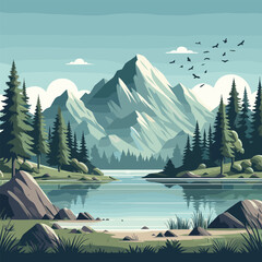 vector nature illustration with mountains and lake 