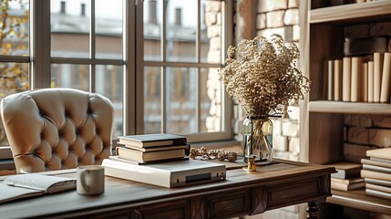 Obraz premium Modern Empty Home Office Room Interior With Blank Wall, Computer, Table, Bookshelf Mockup Frame -Ai