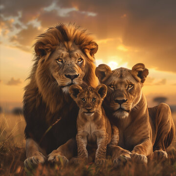 Family of lions with a lion, a lioness, and several cubs. Representing the strength, resilience, and love.