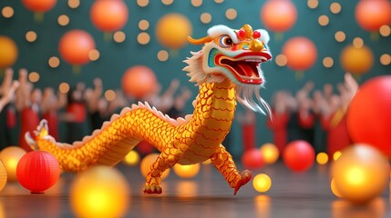 Festive Chinese Dragon Dance with Vibrant Lanterns and Cheering Crowds