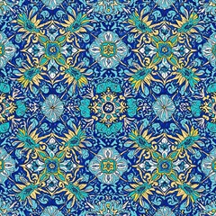 A beautifully detailed background featuring traditional Islamic mosaic tile patterns in vibrant blue, turquoise, and gold. The symmetrical arrangement creates a striking and ornate decorative effect.