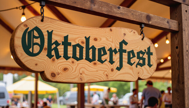 Oktoberfest wooden sign showcasing celebration atmosphere under festive lights for event planning, blogs, websites, marketing materials, and social media promotions related to festivals