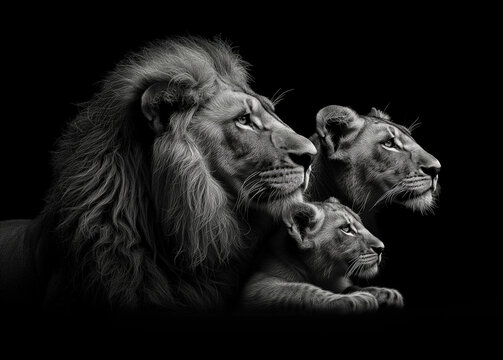 Family of lions with a lion, a lioness, and several cubs. Representing the strength, resilience, and love.