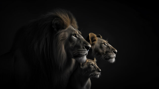Family of lions with a lion, a lioness, and several cubs. Representing the strength, resilience, and love.