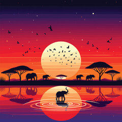 vector sunset in jungle and animals silhouette illustration