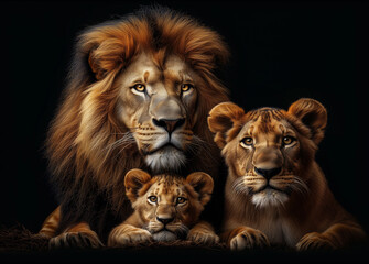 Family of lions with a lion, a lioness, and several cubs. Representing the strength, resilience, and love.
