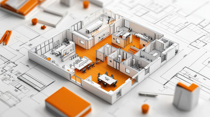 detailed 3D blueprint of contemporary office layout featuring open workspaces, meeting rooms, and modern design elements. vibrant orange accents enhance professional atmosphere