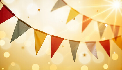 Colorful festive pennants against a warm bokeh background for party invitations, celebrations, event promotions, blogs, websites, greeting cards, and festive themed designs