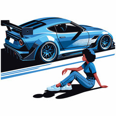 vector blue sports car and person sitting in front of it